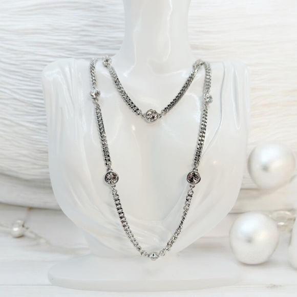 Givenchy Long Necklace Station Rhinestone Crystal Silver Chain. NWOT - Picture 3 of 7